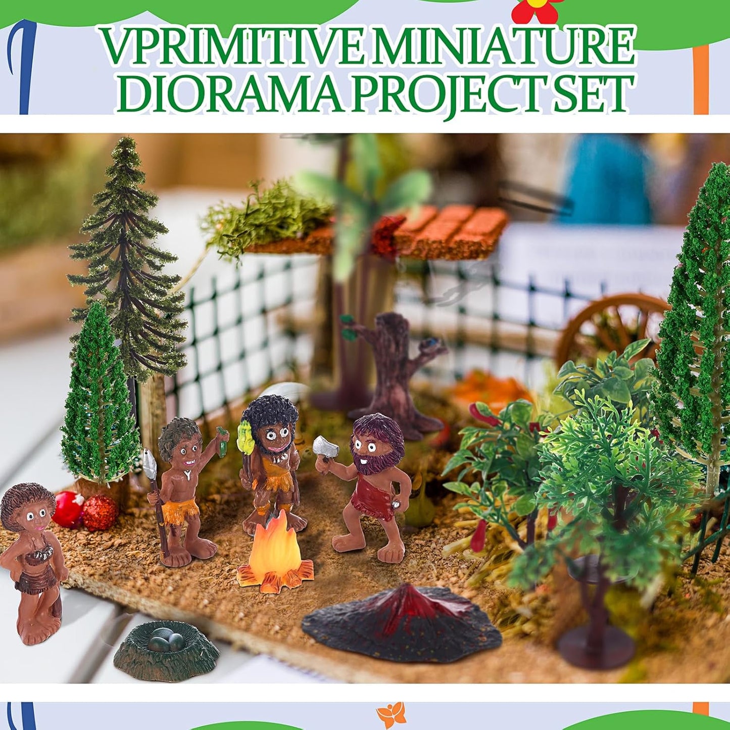 27 Pcs Primitive Man Figurines Kit, Include Diorama Supplies Mini People Figures Mixed Model Trees Stone Sand for Diorama Box Educational School Project Gift