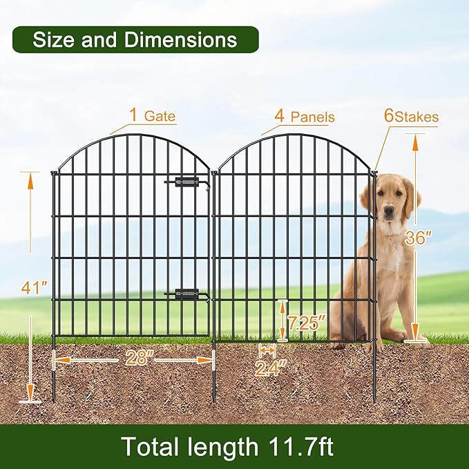 FOREHOGAR Metal Garden Fence with Gate 36in (H) x 11.7ft (L), 1 Gate+ 4 Panels Dog Fence Border Fence Animal Barrier, No Dig Garden Fencing for Yard Flower Bed Lawn Patio Outdoor, ECG3505, Black