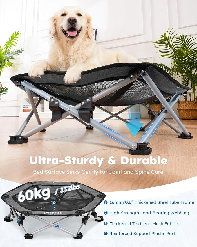 Pecute Raised Dog Bed with Cooling Mat, Elevated Pet Cot for Large Dogs, XL | Breathable Textilene Mesh, Outdoor Camping & Beach, Steel Frame,130 lbs Heavy Duty Support, Tool-free 3-second Quick Assembly