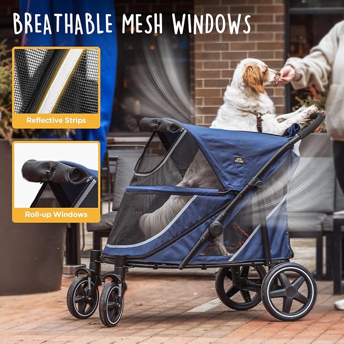 Canine Canyon Denver Dog Stroller for Large & Medium Dogs- Easy Fold All-Terrain Pet Stroller for 2 Dogs with Dual Entry, One-Foot Brake, Sunroof & Breathable Windows, Up to 130 lbs, Blue
