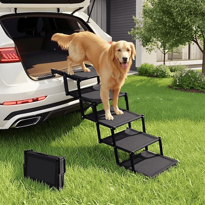 Oiilores Foldable Dog Stairs for Large Dogs - Extra Wide Pet Ramp for Cars, SUV, Non-Slip Surface, Supports Up to 250 Lbs, 5 Steps