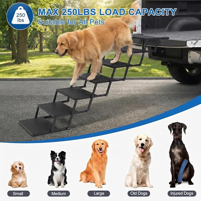 Dog Steps for Car, Truck, SUV, Dog Ramps for Cars with High Traction Surface, Portable Waterproof Dog Stairs for Large Dogs, Supports Up to 250 lbs, 7 Steps