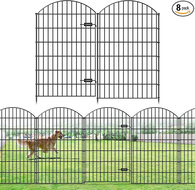 FOREHOGAR Metal Garden Fence with Gate 48in (H) x 20.3ft (L), 1 Gate+ 7 Panels Dog Fences Border Fence Animal Barrier, No Dig Garden Fencing for Yard Flower Bed Lawn Patio Outdoor, ECG4808G, Black