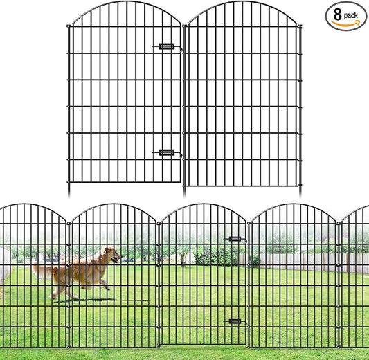 FOREHOGAR Metal Garden Fence with Gate 48in (H) x 20.3ft (L), 1 Gate+ 7 Panels Dog Fences Border Fence Animal Barrier, No Dig Garden Fencing for Yard Flower Bed Lawn Patio Outdoor, ECG4808G, Black