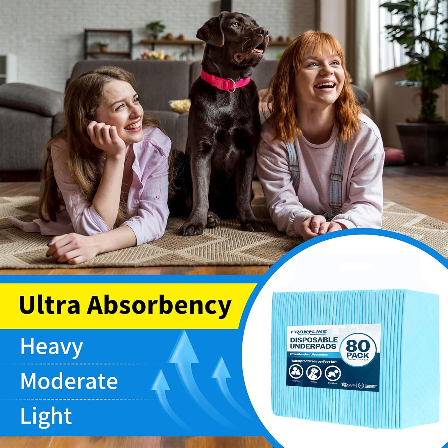 FRONTLINE Disposable Pee Pads 22'' X 22'' Ultra Absorbing Premium Heavy Duty Leakproof Underpads Puppy Essentials Pet Potty Training Wee Wee Pads Waterproof Protection for Dogs, Cats, Baby (320)