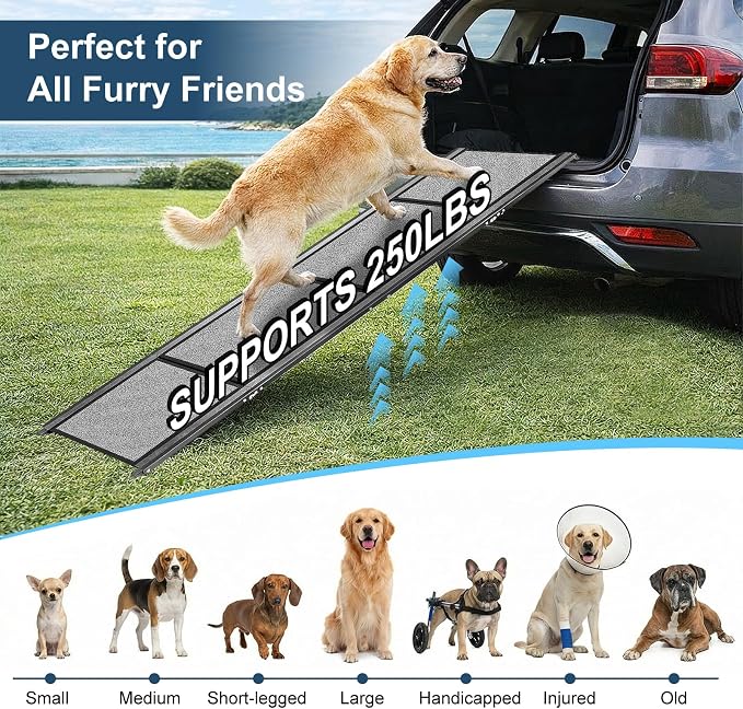 Dog Ramp for Cars 71"Long x 20"Wide SUV & Trucks, Non-Slip Surface Aluminum Pet Ramps for Small & Large Dogs–Heavy Duty Foldable Lightweight Portable Ramp for Senior Dogs High Bed Couch Outdoor 250lbs