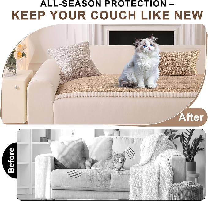 OTOB Sofa Covers for 3 Cushion Couch Washable, All Seasons Fuzzy Non Slip Kids & Pet Friendly Dog Bed Mats Couch Cover, Soft Plush Sofa Slipcovers Furniture Protector (Khaki, 27.6" x 70.9'')