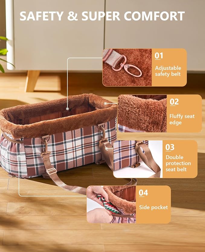 BurgeonNest Center Console Dog Car Seat for Small Dogs up to 9 lbs Cute Plaid