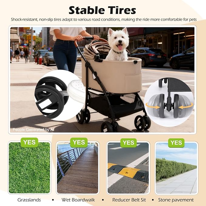 Pet Stroller for Small Dogs Cats Up to 45 lbs with Detachable Canopy, Portable Foldable Dog Stroller with Sunshade and Car Seat Travel, Suitable for All Seasons(Khaki 101K)