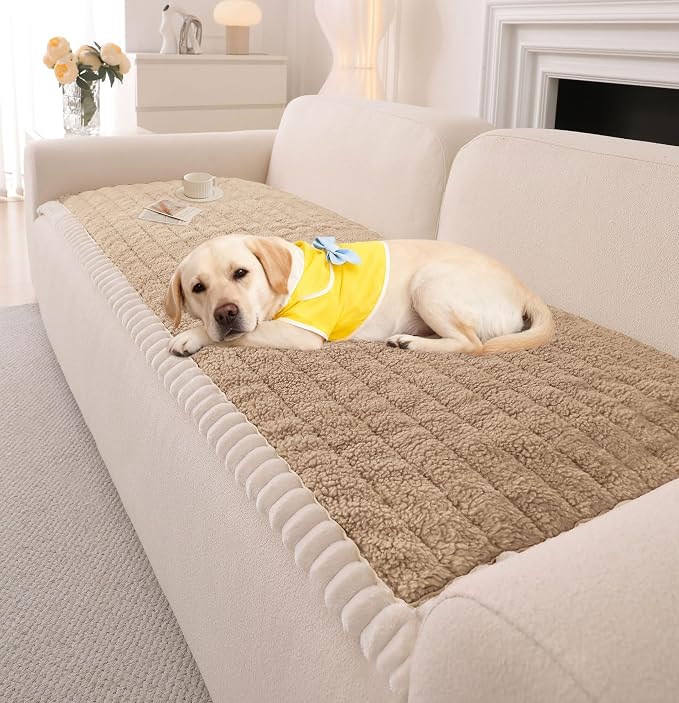 OTOB Couch Cover for Dogs Washable, Non Slip Plush Fuzzy Sofa Covers for 3 Cushion Couch All Seasons, Kids Pet Friendly Soft Cozy Furniture Protector Sofa Slipcovers (Khaki, 27.6" x 82.7")