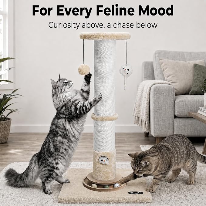 35-Inch Tall Cat Scratching Post, Stable Base for Large Cats, Beige | Heavy-Duty, Soft Natural Cotton Rope Cat Scratcher, Interactive Cat Toys, Wooden Ball Track, for Kittens and Indoor