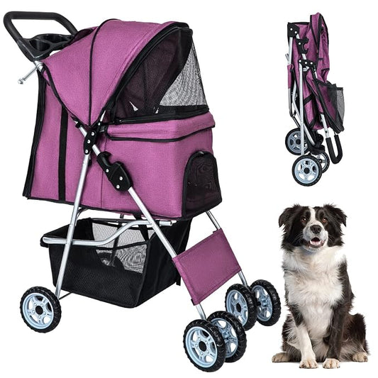 BestPet Pet Stroller Dog Cat Jogger Stroller for Medium Small Dogs Cats Folding Lightweight Travel Stroller with Cup Holder (Purple, 4 Wheels)