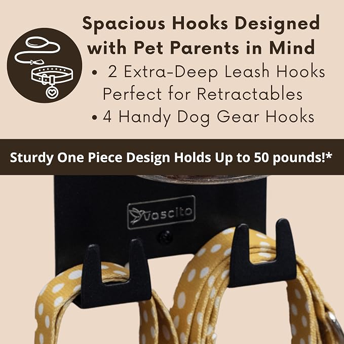 Dog Leash Holder for Wall with Shelf - Wall Mounted Dog Treat Holder & Station, 1 Airtight 16oz Treat Container, 6 Hooks, Patented Lidless Slide-to-Seal Jar, Solid Steel, Made in USA