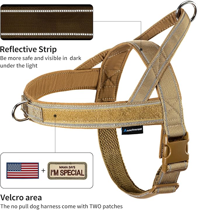 Annchwool No Pull Dog Harness with Soft Padded Handle-Reflective Strip Escape Proof and Quick Fit to Adjust Dog Harness-Easy for Training Walking for Small & Medium and Large Dogs(Brown,S)