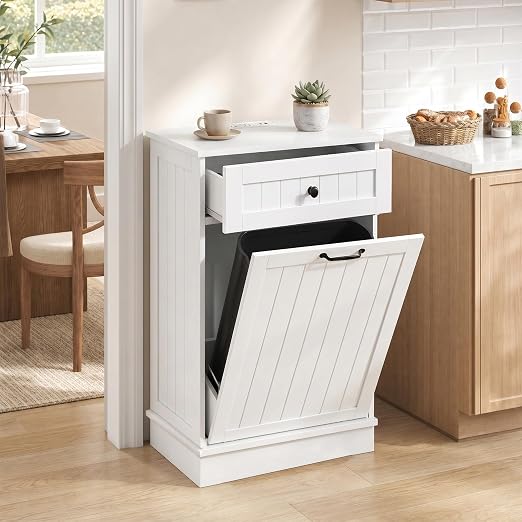 13 Gallon Tilt Out Trash Can Cabinet, Hidden Trash Bin White | Trash Cabinet with Drawer, for Kitchen, Bathroom and Laundry Room