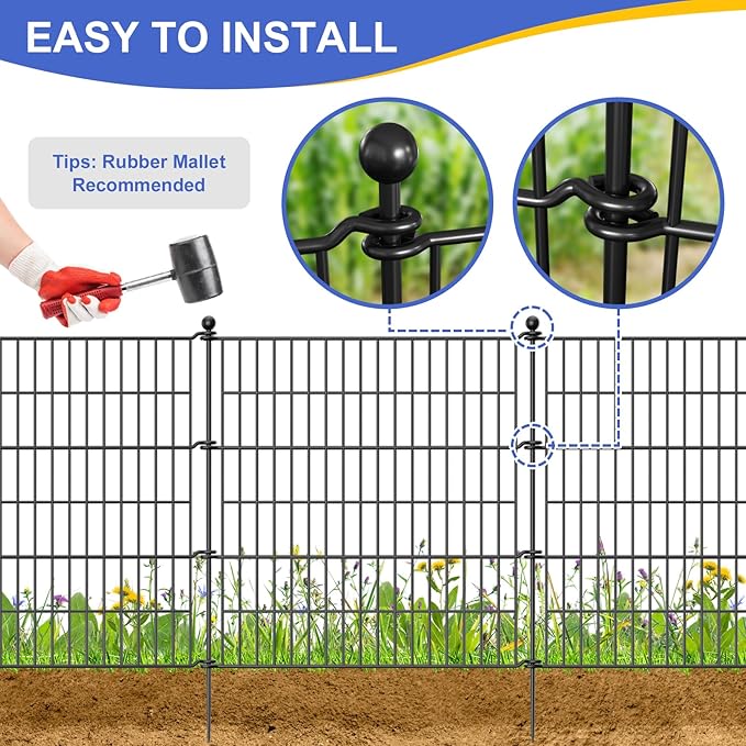 10 Panels No Dig Garden Fence Outdoor for Yard, 40 in(H) X 23.6 ft(L) Animal Barrier Pet Fencing Rustproof Decorative Metal Wire Panel Border for Dog, Rabbits, and Patio Temporary Ground Stakes