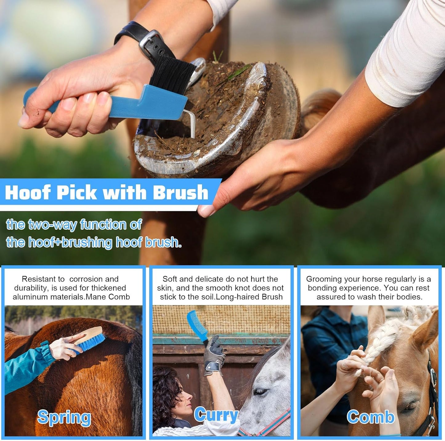 Abbylike 12 Pieces Horse Grooming Kit Racing Festival Tack Room Supplies Horse Brush Sets Equine Care Cleaning Kit Shedding Grooming Massaging Tools(Blue)