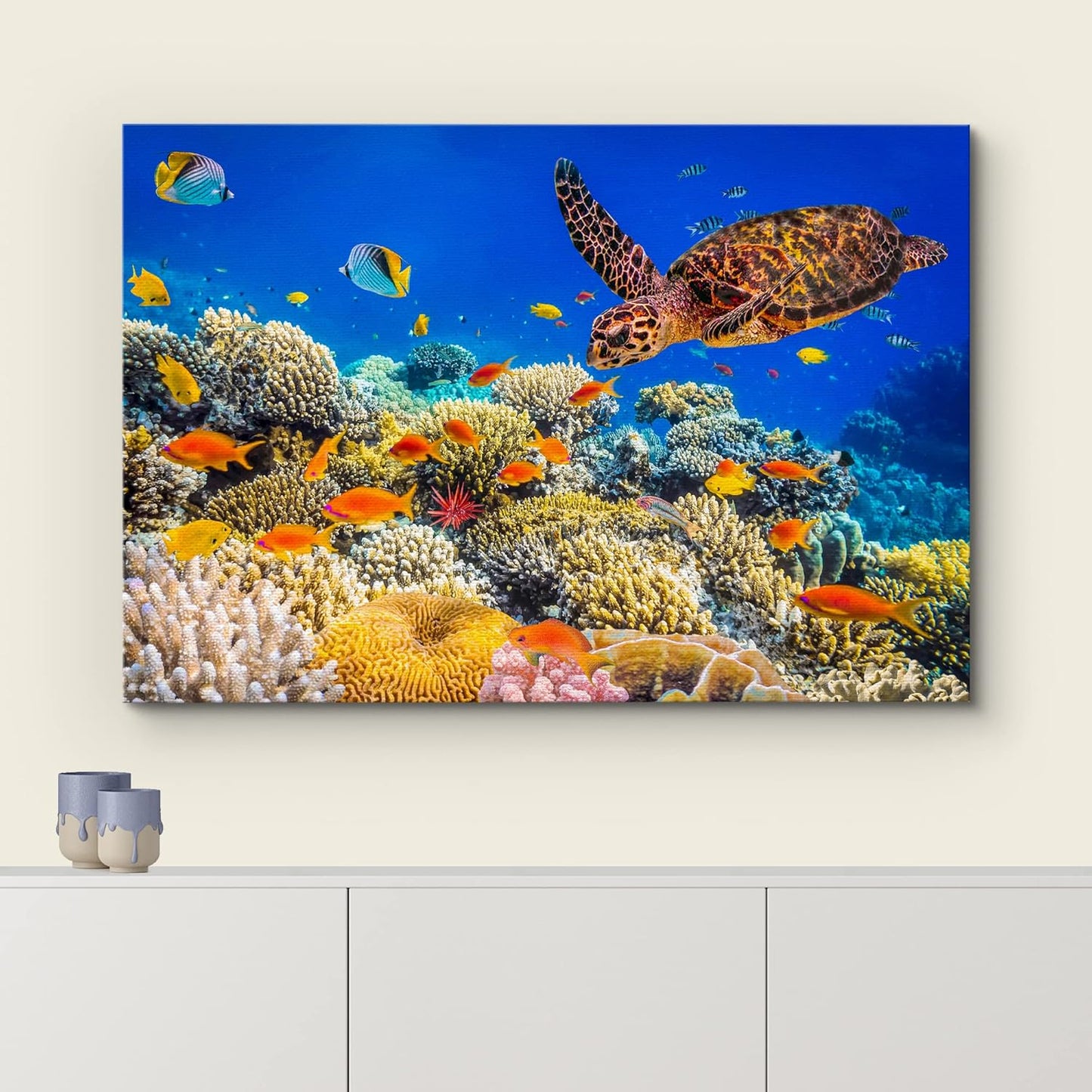 wall26 Canvas Print Wall Art Neon Coral Reef Blue Hippo Tang Fish Turtle Nature Animals Photography Realism Rustic Scenic Landscape Wilderness Colorful for Living Room, Bedroom, Office - 32"x48"
