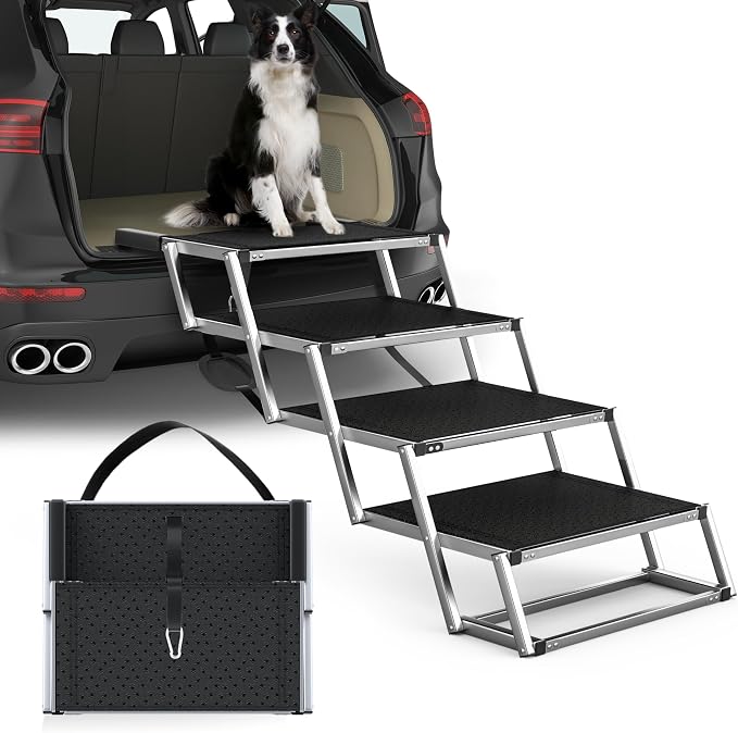 Extra Wide 20" Dog Stairs for Large Dogs, Dog Ramp for Car 4 Steps | Foldable Aluminum Dog Steps for Car with Non-Slip Surface, Dog Stairs for Cars SUV High Beds Trucks, Pet Stairs up to 250 lbs