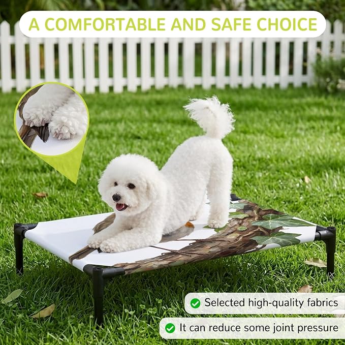 Outdoor Elevated Dog Bed for Medium Dogs, Bird Breathable Cooling Raised Dog Cot for Indoor/Outdoor, Ivy Branch Animal Green Botanical Leaf Waterproof Elevated Pet Beds, M 24 x 20 in