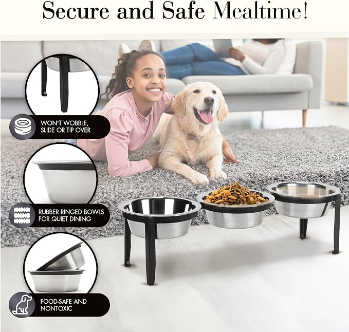 Vision Triple Diner - 3 Bowl Dog Feeder - Medium to Large Dogs - Multi-Dog Feeding Station - Furniture Grade Steel - UV Weather Resistant - No Noise - Indoor/Outdoor - 7" Tall