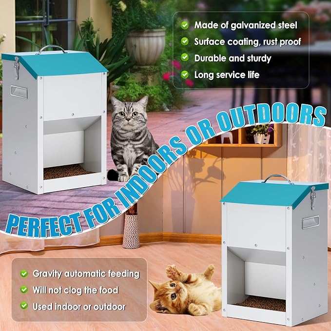 Automatic Cat Feeder Outdoor 59cups/14L Automatic Dog Feeder | Gravity Cat Food Dispenser with Storage, Galvanized Pet Feeding Station, Indoor and Outdoor Use, Wall Mountable