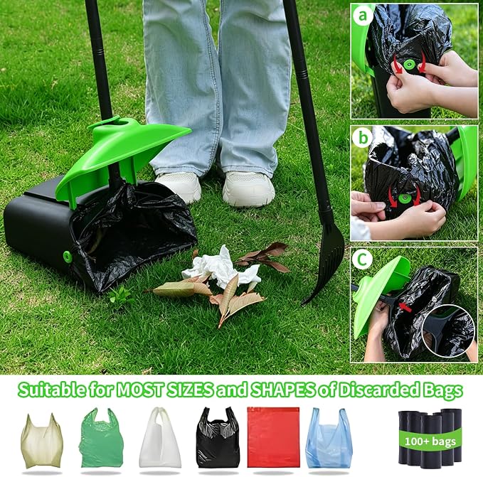 ienjoyed 40" Tall Dog Pooper Scooper with 100 Bags Attachment, Large Capacity Swivel Bin and Rake Metal Pole, Long Handle Pooper Scooper for Large Dogs, Dog Poop Scoop for Yard (Green)