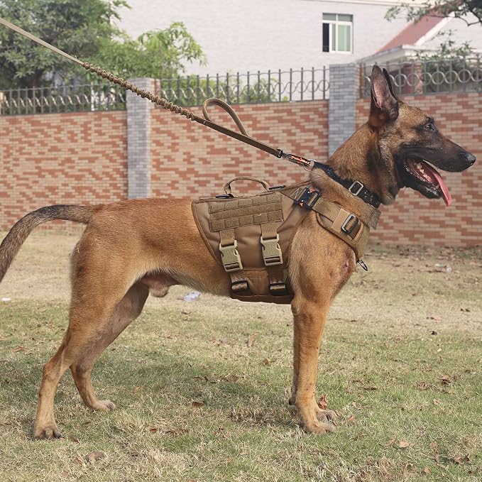 ICEFANG No Pull Tactical Dog Harness for X-Large Dogs,Adjustable Dog Vest | Control Handle,MOLLE Panel,Front Hook,3 Leash Clips,Soft Padded,for walking training,Brown,X-Large