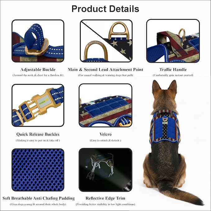 Homapet. Tactical Dog Harness with Dual Leash Attachment Points, Adjustable and Reflective Military Grade Dog Vest with Comfort Control Handle (Us Flag, M)