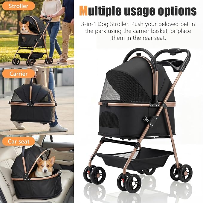 Pet Stroller with Removable Carrier | Lightweight Cat and Dog Stroller with One-Touch Folding|Aluminum Alloy Frame|900D Oxford Fabric and Rain Cover for Travel