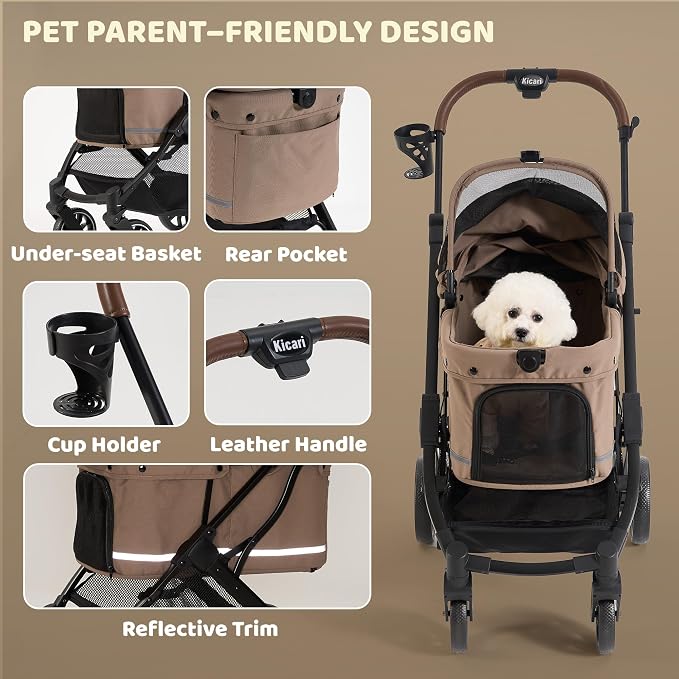 All-Terrain Dog Stroller for Small to Medium Dogs, Pet Stroller for Dogs & Cats Outdoor Walks, One-Hand Easy Fold, Double-Layer Anti-UV & Waterproof Canopy & Breathable Mesh, Mocha Brown