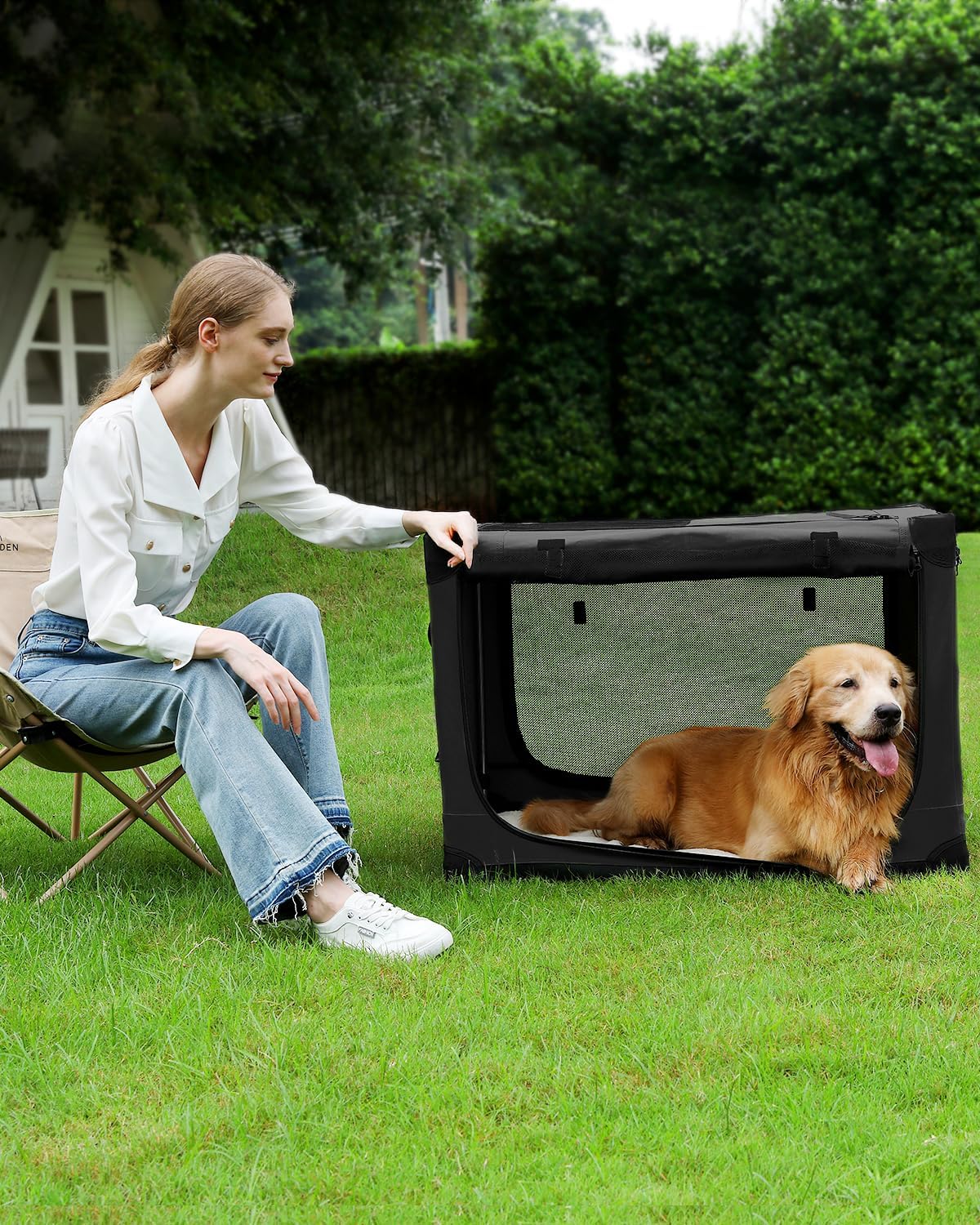 42-Inch Collapsible Travel Dog Crate, Portable 4-Door Soft Kennel for Medium to Large Dogs, Durable Mesh Windows, Indoor/Outdoor Use, Foldable, with Storage Bag (Black)