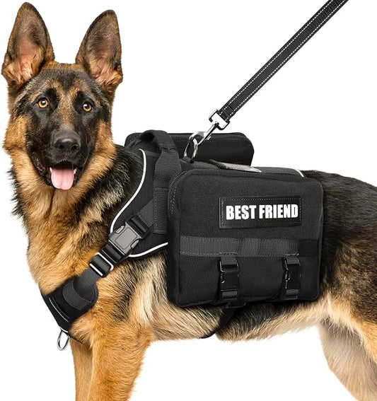 Dog Backpack Harness and Leash Set for Large Dogs Black XL | Removable Side Pockets Dog Vest with Padded Handle&MOLLE,No Pull Front&Back Metal Clips for Hiking Training Walking Hunting