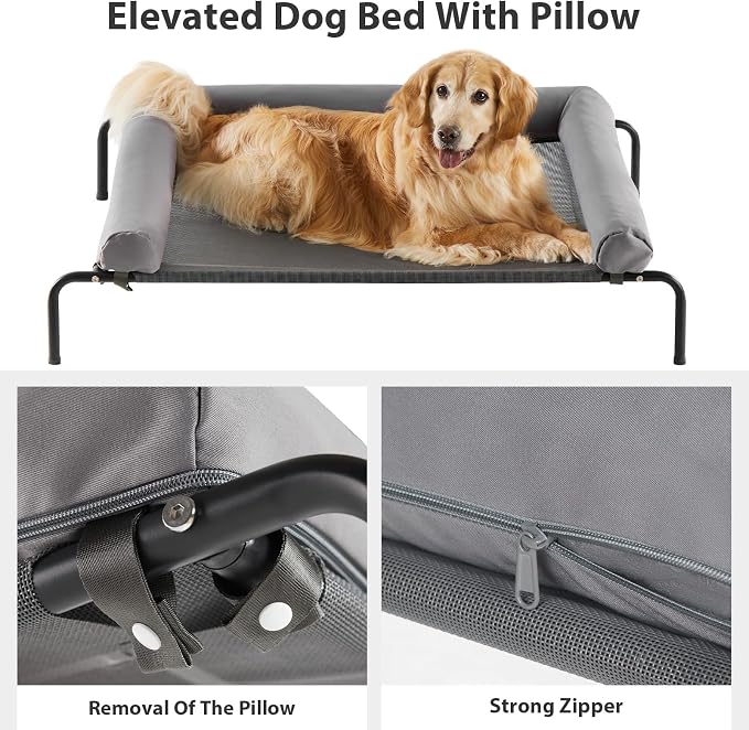 RRPETHOME Elevated Cooling Dog Cot Bed, Large Raised Outdoor Dog Bed | Elevated cooling cot with U-shaped bolster for spine,breathable mesh,portable outdoor bed for large dogs,skid-resistant feet.