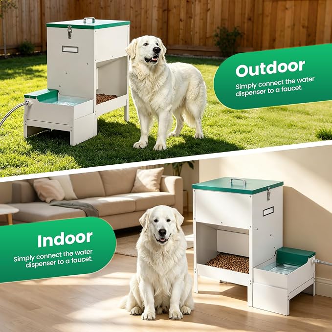 40-50lb Dog Self Feeder Outdoor Automatic Dog Feeder and Water Raised 6L Water Bowl Dispenser Auto Metal Gravity Dog Feeder 3.94" Elevated Animal Feeder Feeding Station for Large Breed