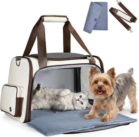 Homespon Soft-Sided Cat Carrier Dog Carrier, 34.5L Airline Approved Pet Carrier, Collapsible Travel Bag with Removable Bed for Small Dogs & Cats (Brown)