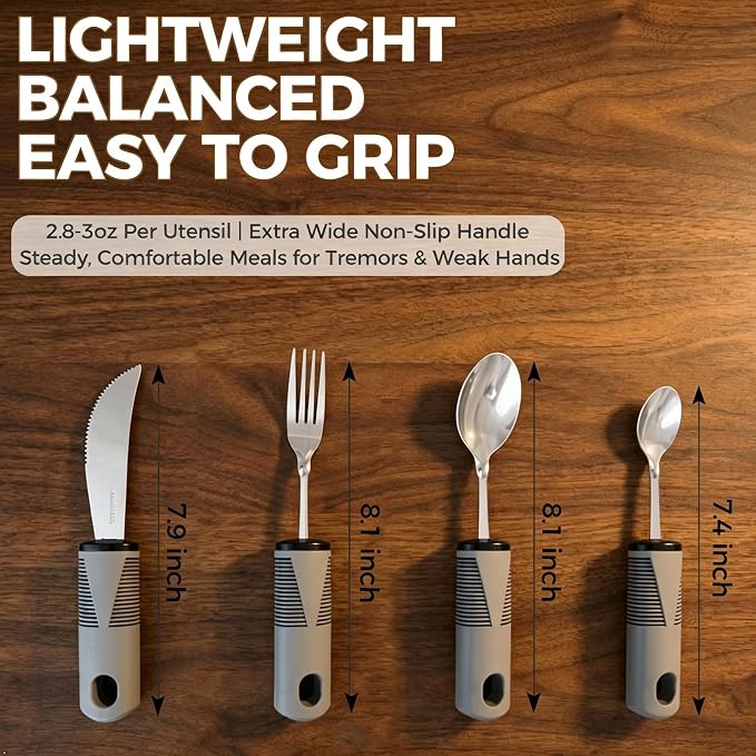 9 Pcs Bendable Adaptive Utensils Set for Parkinson's Arthritis Elderly | Built Up Handle, Stabilizing Tremor, Non-Slip Lightweight Grip, for Weak Grip & Stroke, Independent Dining, BPA-Free