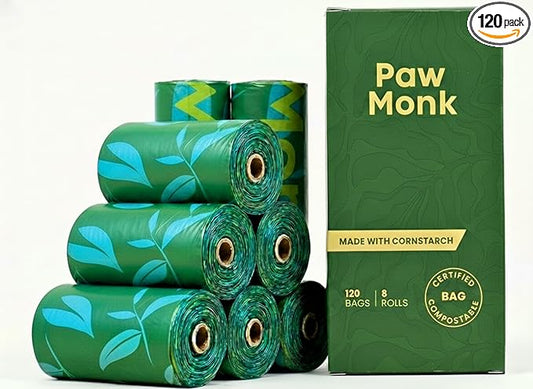 Paw Monk Heavy Duty Dog Poop Bags Rolls Refill – Certified Home Compostable dog waste bags, Extra Thick 20 Micron, Leakproof & Easy Open doggy poop bags, Unscented – 120 Bags (8 Rolls)