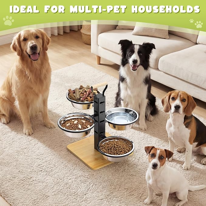 Elevated Dog Bowls Stand - 4 Heights Raised Dog Bowl Large Sized Dog - Dog Feeding Station - Dog Food and Water Bowl Set with Portable Handle - Suitable for Multi-Dog Feeding
