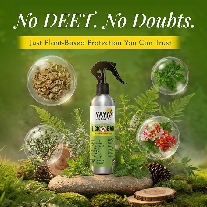 YAYA ORGANICS Tick Ban DEET-Free Mist Spray - Made in USA - All Natural Extra Strength Tick Repellent Spray Made with Essential Oils - Safe for Kids & Dogs (8 Ounce)