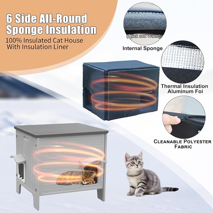 Plastic Cat House with Insulated Liner for Winter, Waterproof | with Escape Door, Outdoor Cat House for Feral Cats, Outside Cat Shelter for Small Pet, Assemble Easily