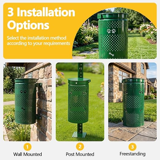 10 Gallon Galvanized Dog Waste Trash Can, Green | Durable galvanized steel pet waste bin with wall post and ground installation options, ideal for parks, yards and communities