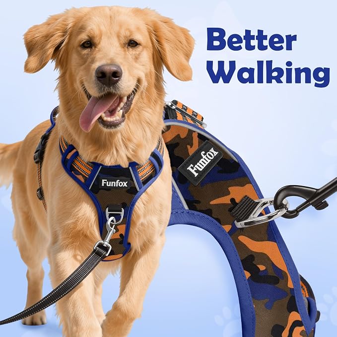 Dog Harness No Pull, Adjustable Pet Vest Harness, Super Soft Material with Vertical Handle Easy Control, Reflective Night Walking, 2 Leash Clips for XLarge Dogs, Camo Orange, XL