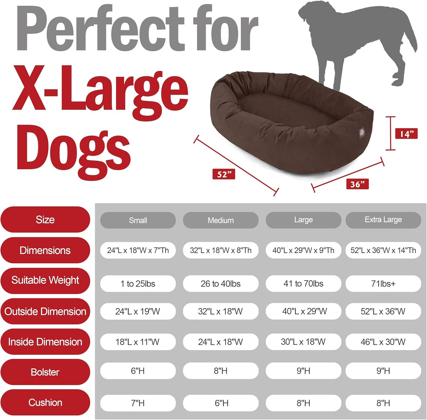 Majestic Pet 52 Inch Suede Shredded Memory Foam Mix Calming Extra Large Dog Bed Washable 52 x 35 x 11 (Inch) - Cozy Soft Round Donut Dog Bed with Spine for Head Support - Pet Bed Chocolate