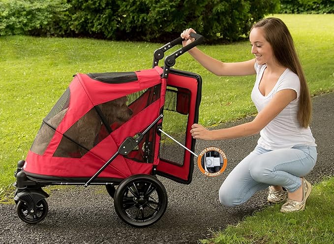 Pet Gear NO-Zip Pet Stroller with Dual Entry, Push Button Zipperless Entry for Single or Multiple Dogs/Cats, Pet Can Easily Walk in/Out, Gel-Filled Tires, Candy Red, Excursion