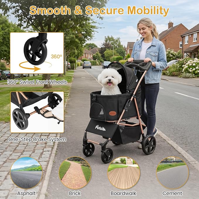 PETSITE 3-in-1 Pet Stroller for Small Medium Dogs, One-Click Foldable Dog Stroller with Detachable Carrier, Cup Holder & Storage Basket, Safety Leash, One-Step Rear Brake, Breathable Window (Black)