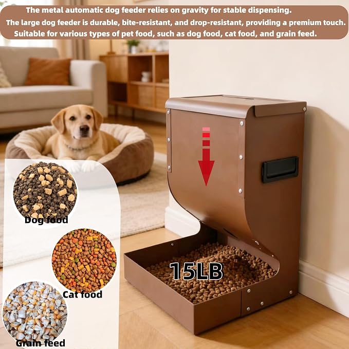Outdoor Large Dog Food Automatic Feeder | 15lb Large Capacity | Galvanized Heavy-Duty, Tip-Resistant, Rust-Proof Dog Food Feeder, Suitable for Large Multi-Dog Households and Farm Animals