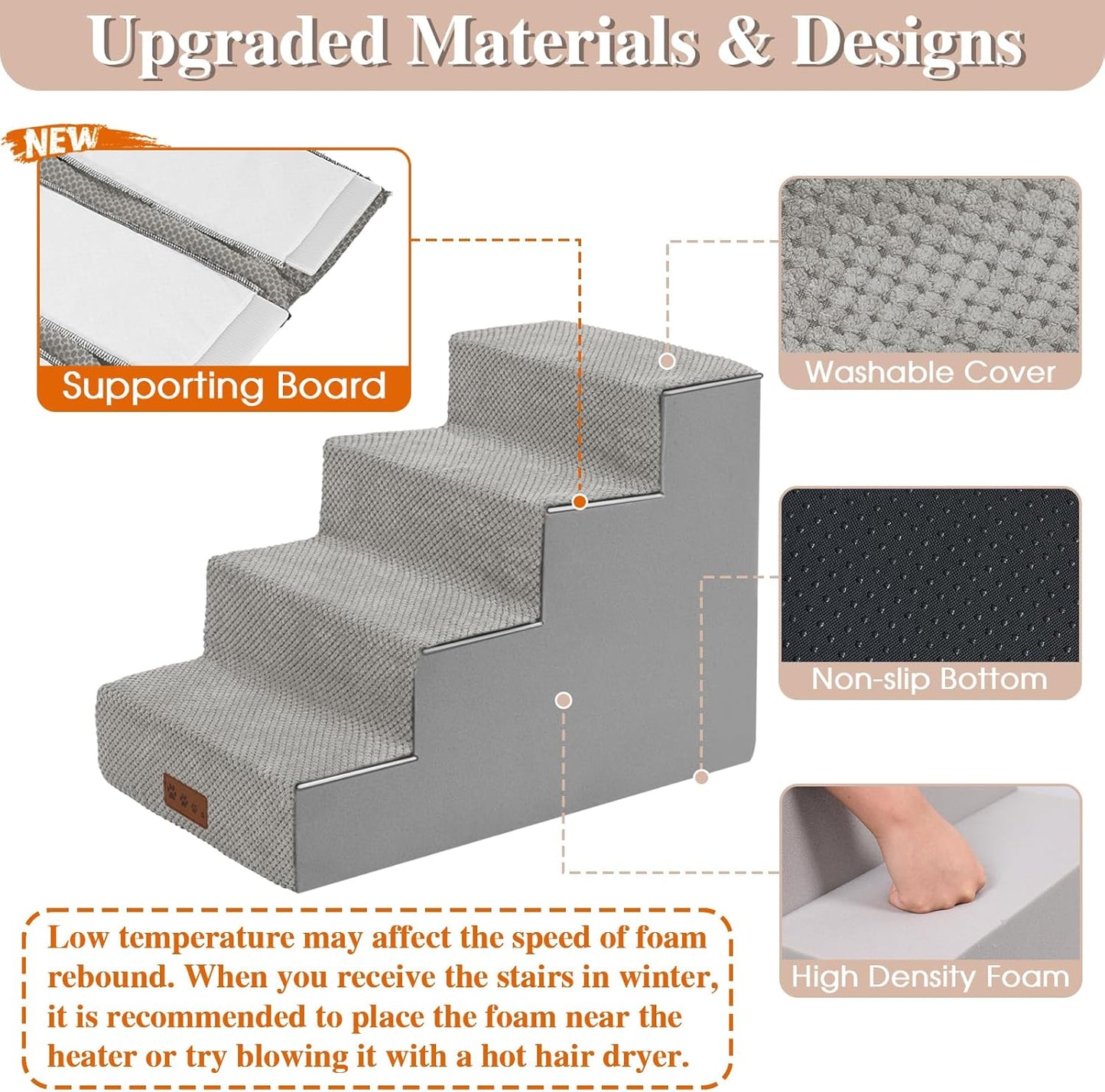 GGIB Non-Slip Pet Stairs for Small Dogs & Cats - 4-Step, Removable Washable Cover, Light Grey, 17" H