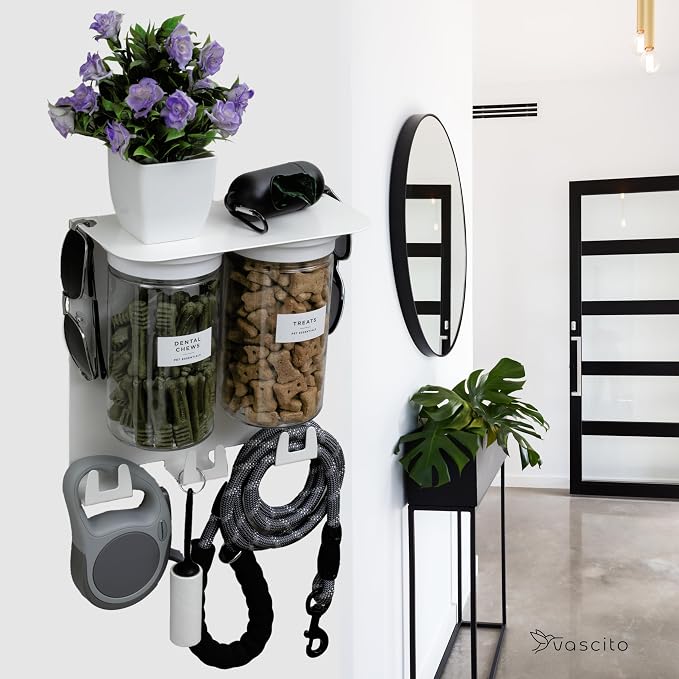 Dog Leash Holder for Wall with Shelf — Wall Mounted Dog Treat Holder & Station, 2 Airtight 32oz Treat Containers, 9 Hooks, Patented Lidless Slide-to-Seal Jars, Solid Steel, Made in USA