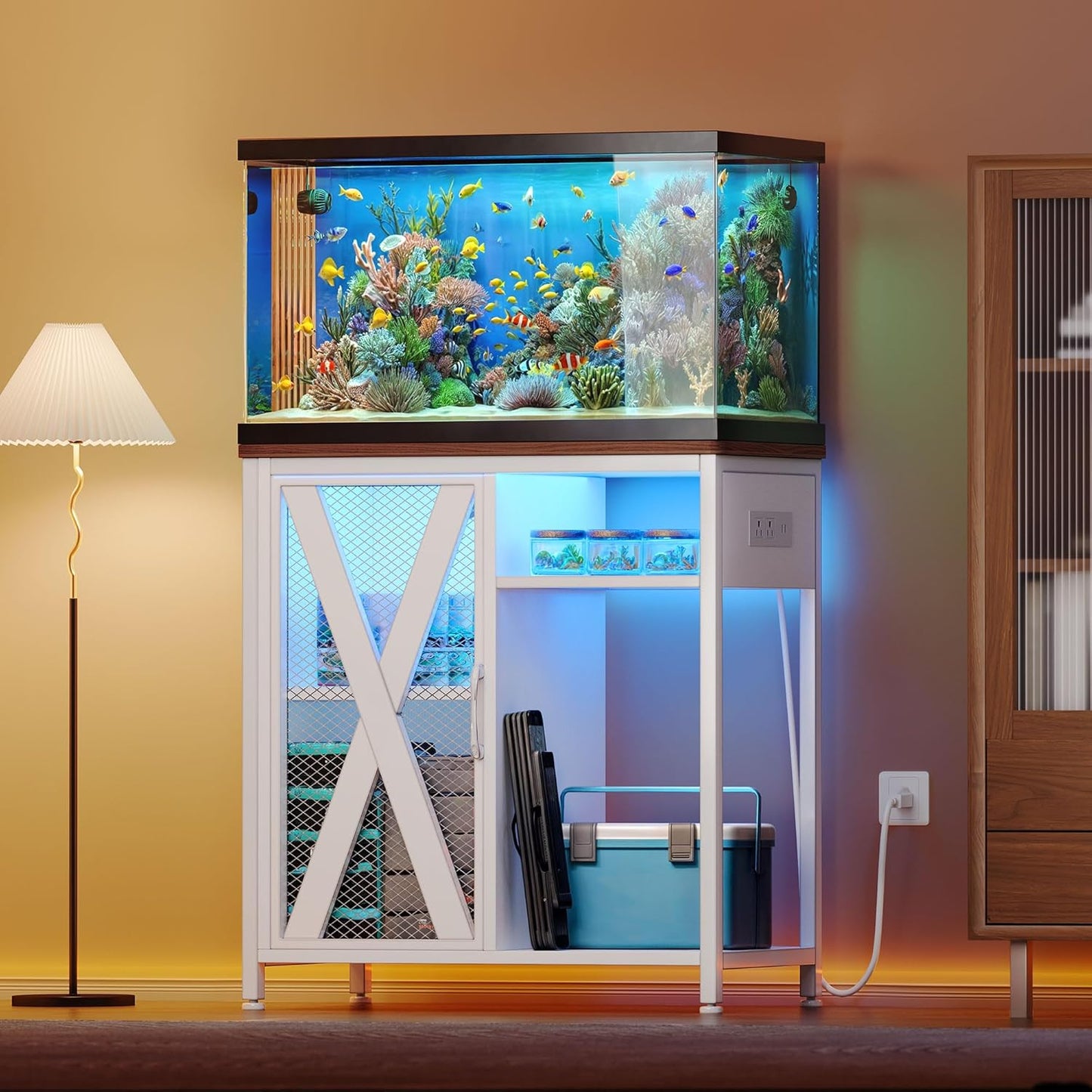 YITAHOME Fish Tank Stand with Power Outlets & LED Light, 20-29 Gallon Metal Aquarium Stand with Cabinet for Fish Tank Accessories Storage for Turtle, Reptile Terrarium, 350LBS Capacity, White